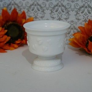 VTG Milk Glass Compote Pedestal Planter Bowl Heart Shaped Ivy Vines Urn Transfer